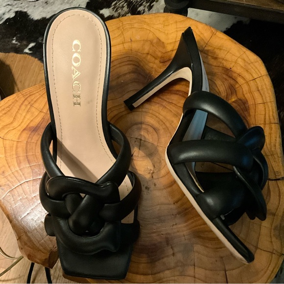 Coach Kellie black stiletto slip on square toe sandals with woven C 8.5 $190 - Picture 4 of 12